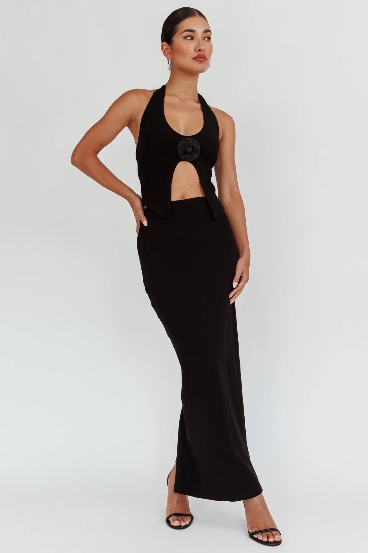 Blackthorn Halter Neck Rosette Top Black