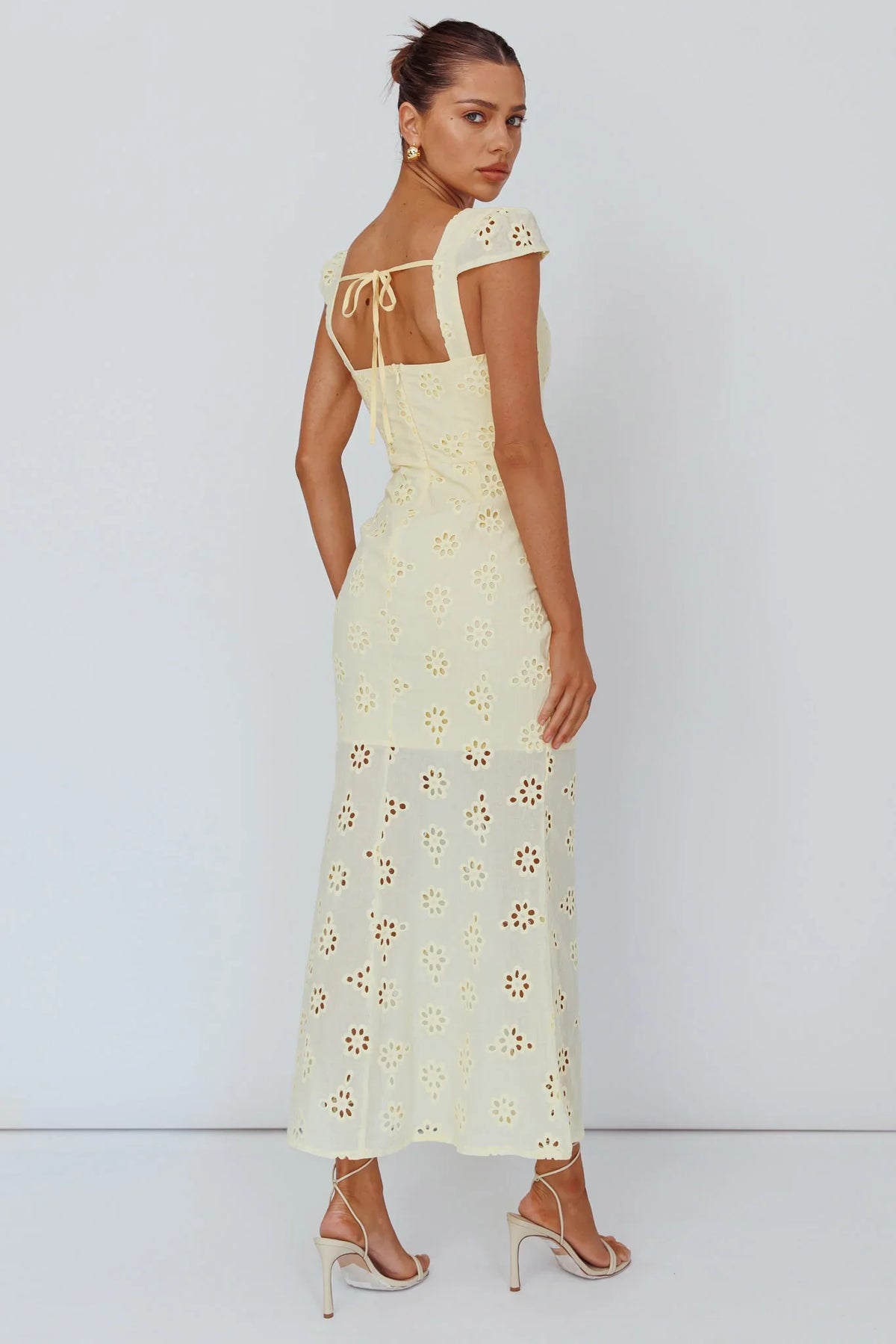 Bohemian Sun Cap Sleeve Eyelet Midi Dress Yellow