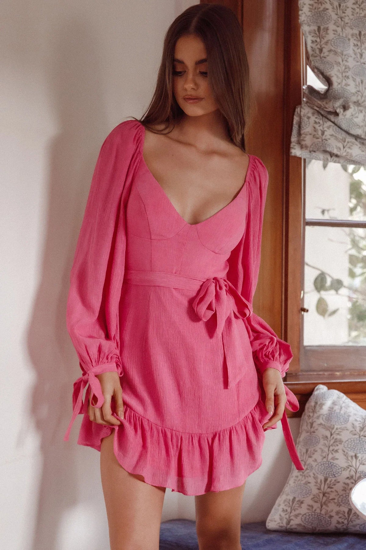 Make Memories Balloon Sleeve Molded Bust Dress Hot Pink