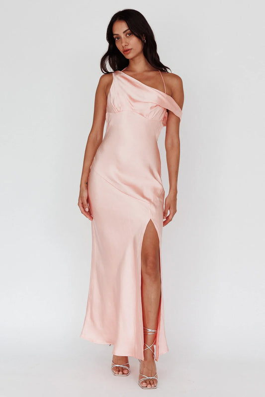 Etienne Off-Shoulder Halter Midi Dress Shimmer Pink