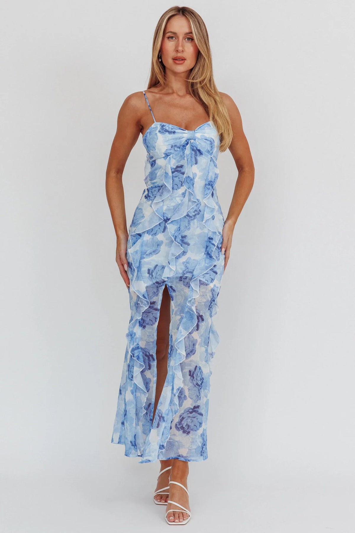 Frannie Vertical Ruffle Maxi Dress Floral Blue