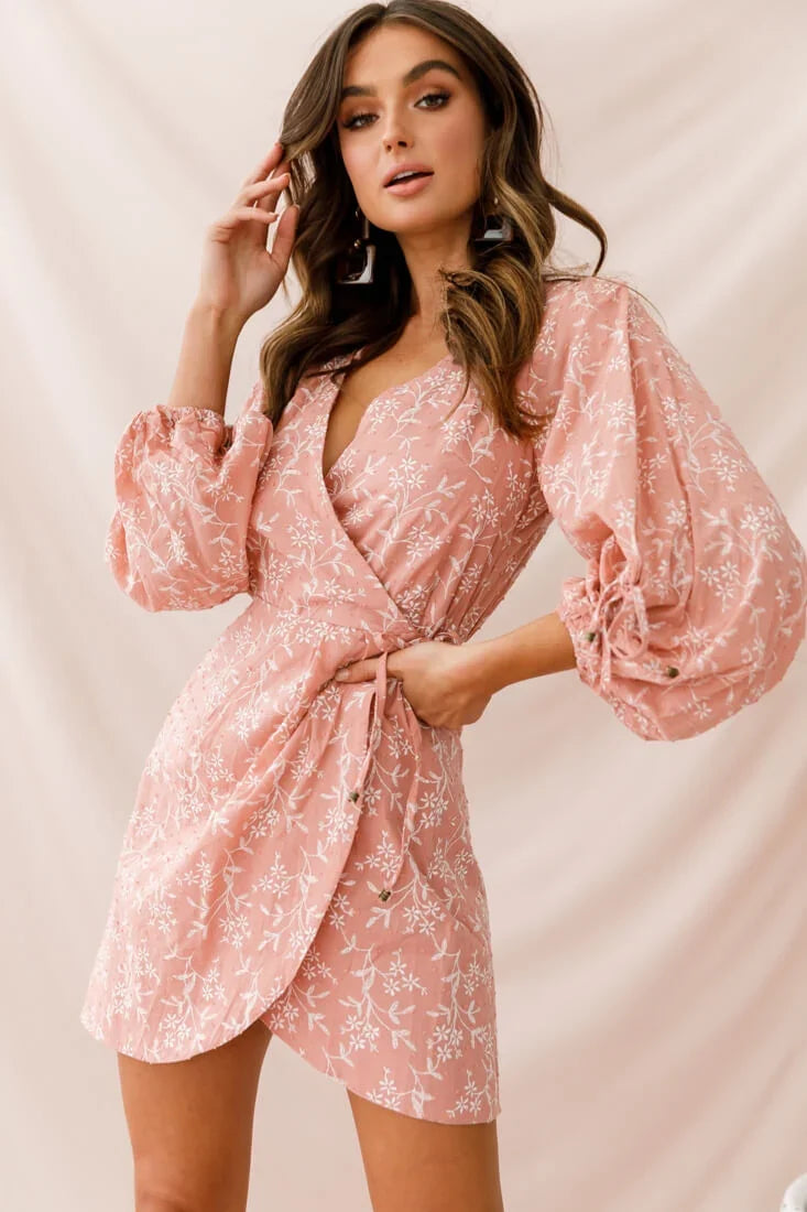 Mindy Gathered Cuff Wrap Dress Rose