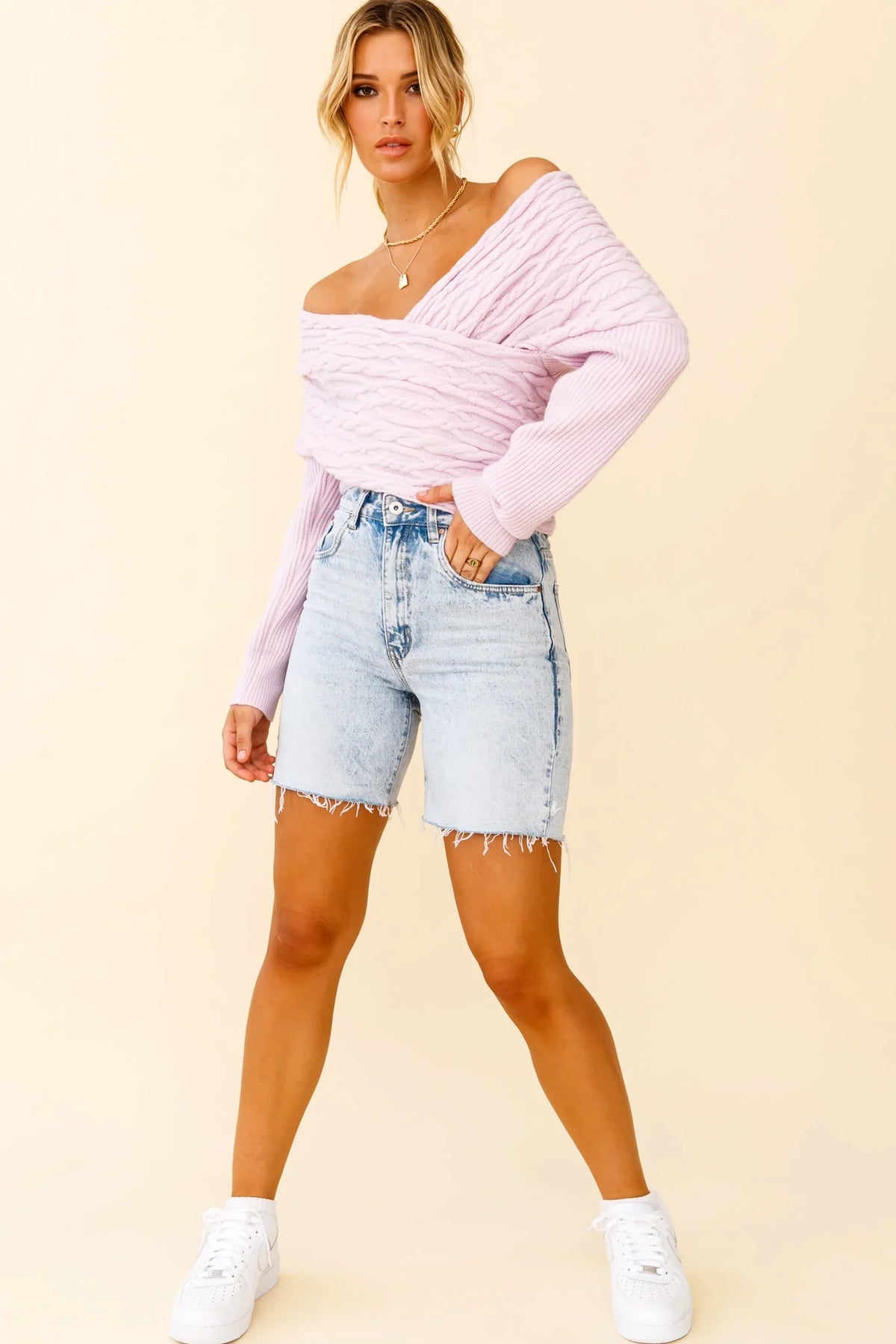 Heartstopper Off-Shoulder Wrap Knit Top Lilac