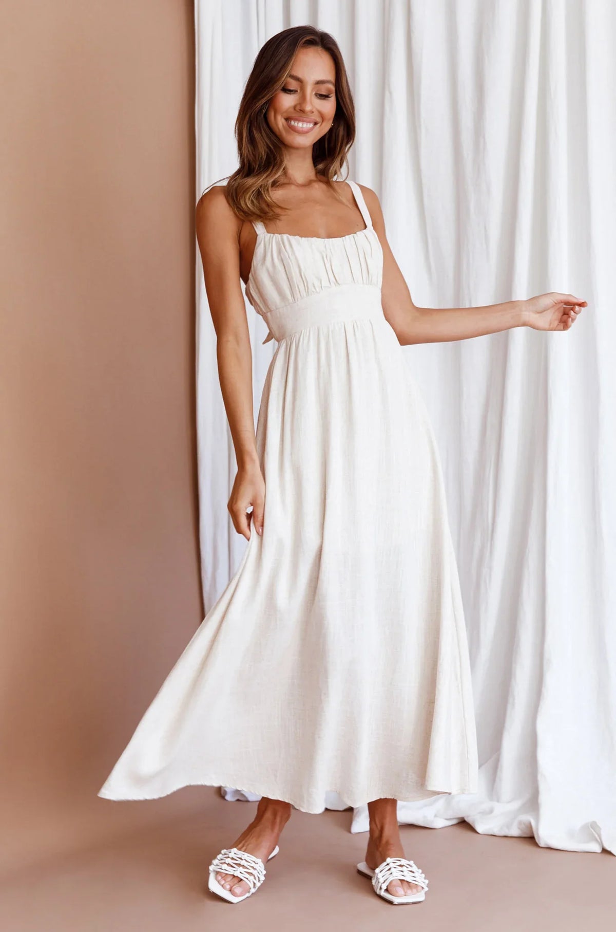 Roberta Gathered Bust Midi Dress Natural