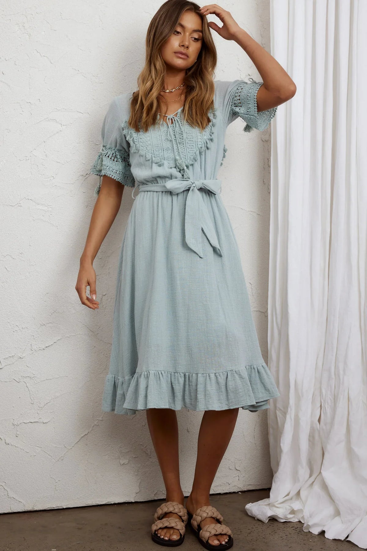 Jada Short Sleeve Crochet Tassel Midi Dress Sage