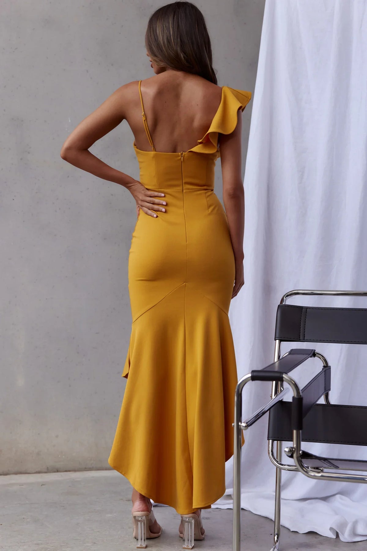 Pearl Ruffle Strap Twist Bust Dress Mustard