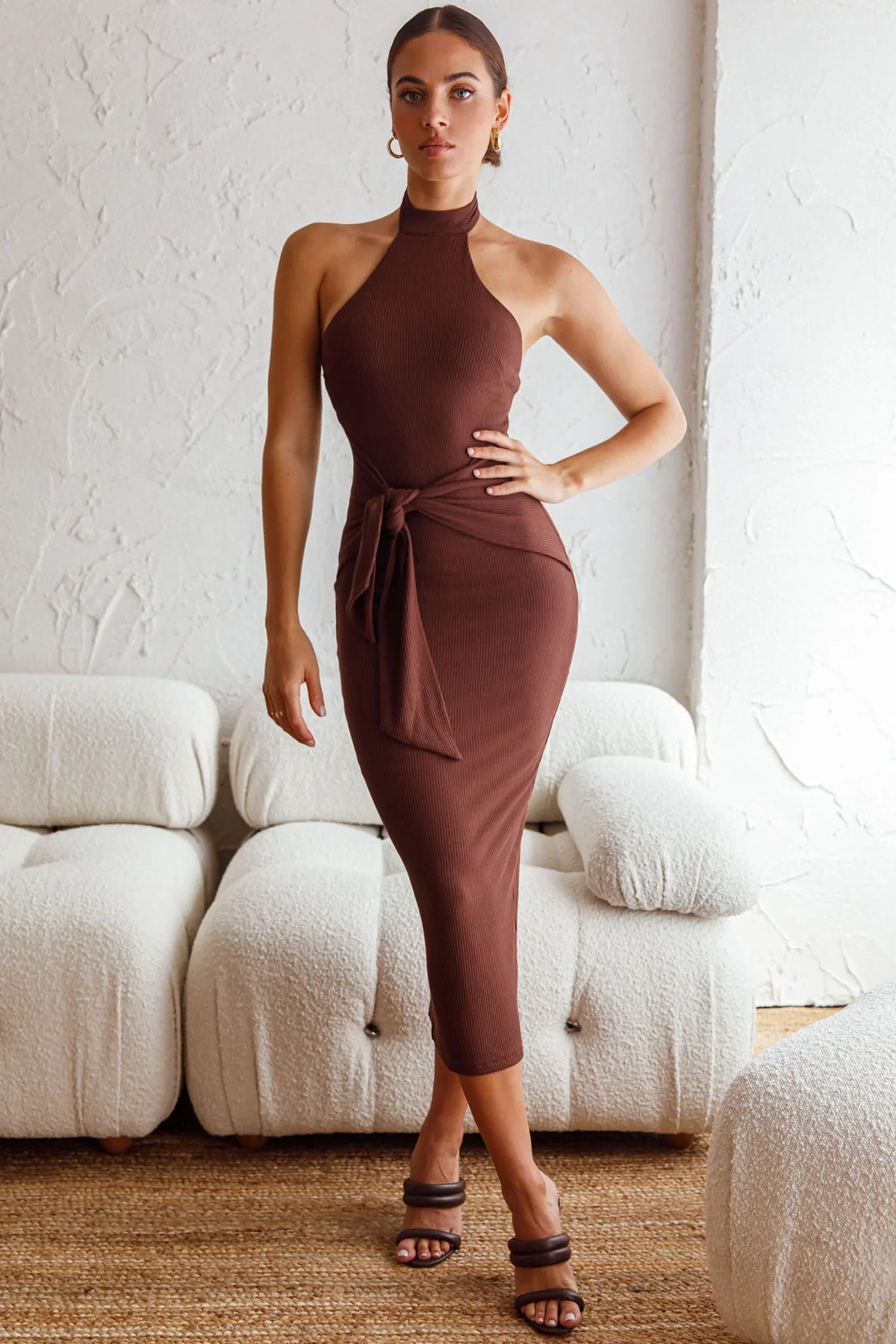 Rapt Waist Tie Halterneck Knit Midi Dress Chocolate