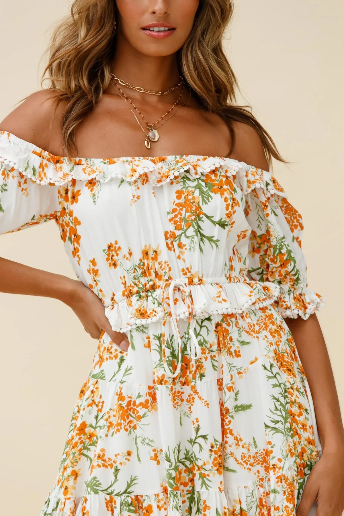 Sierra Bonita Off-Shoulder Drawstring Waist Dress Floral Print Orange Multi