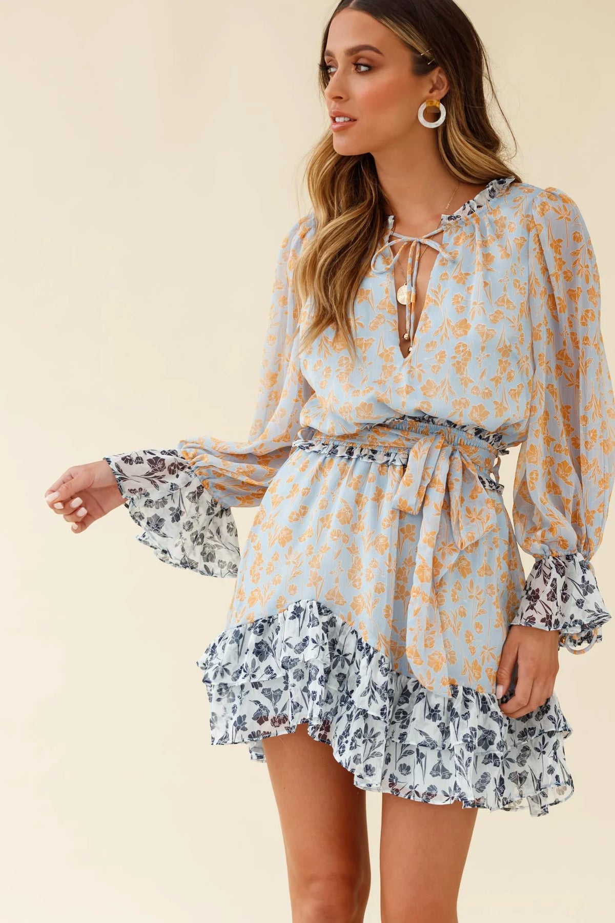 Prague Long Sleeve Ruffle Hem Dress Floral Print Blue/Orange Multi