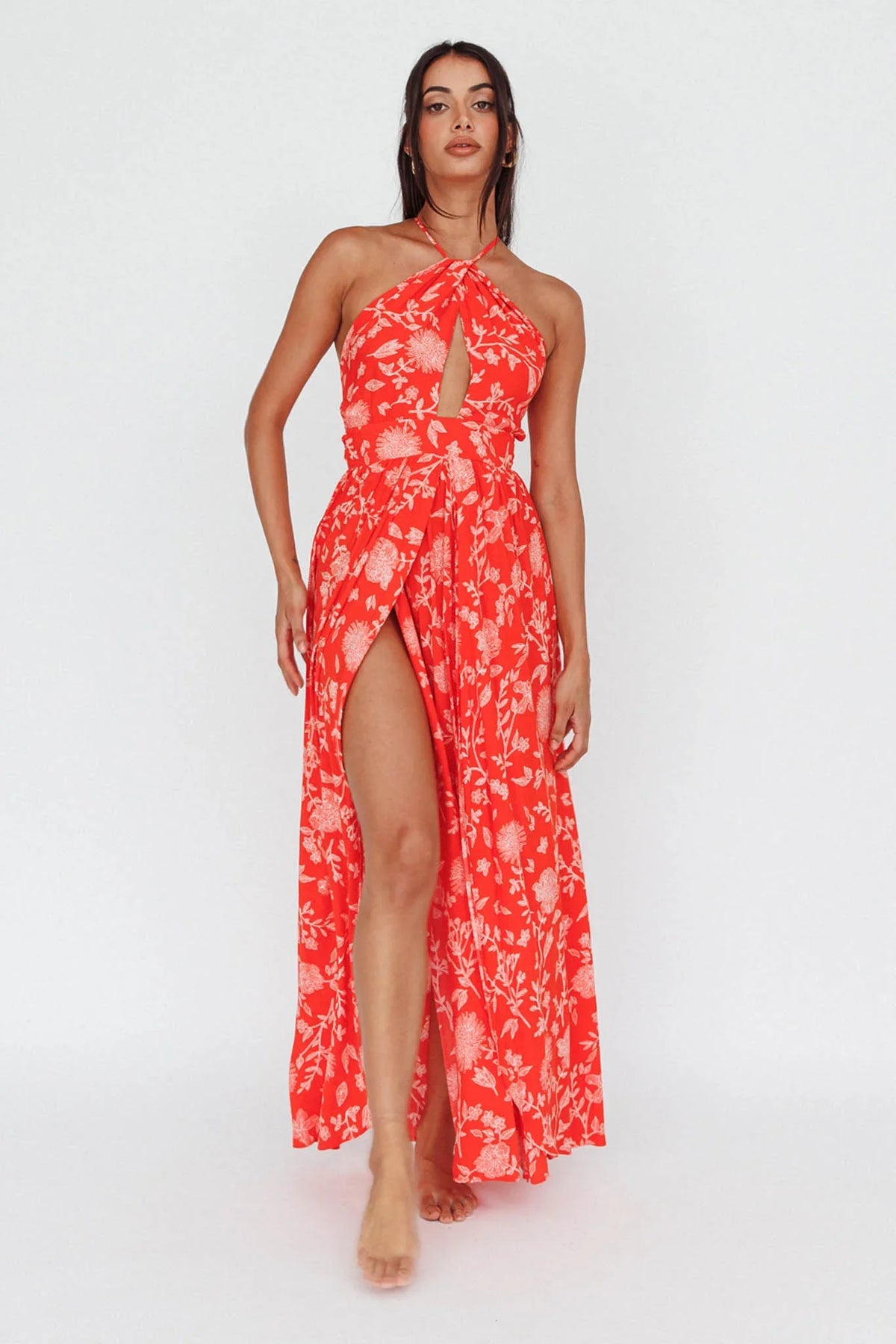 Athena High Split Maxi Dress Floral Print Red
