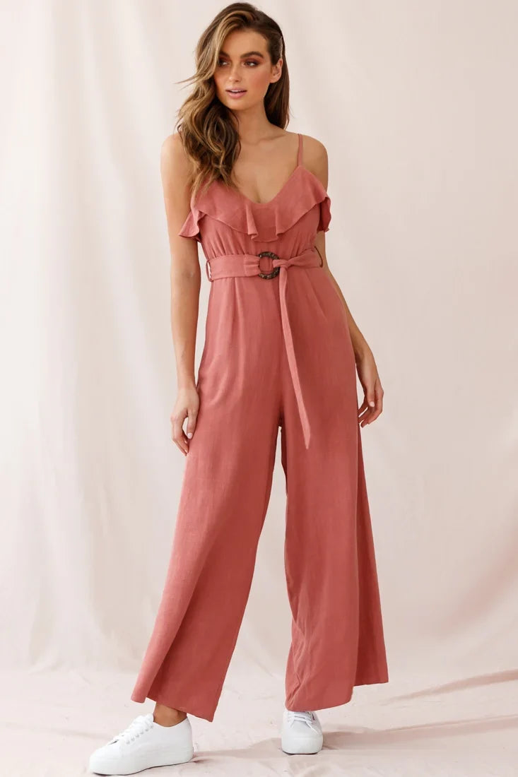 Mason Ruffle Neckline Wooden Buckle Belt Jumpsuit Rose