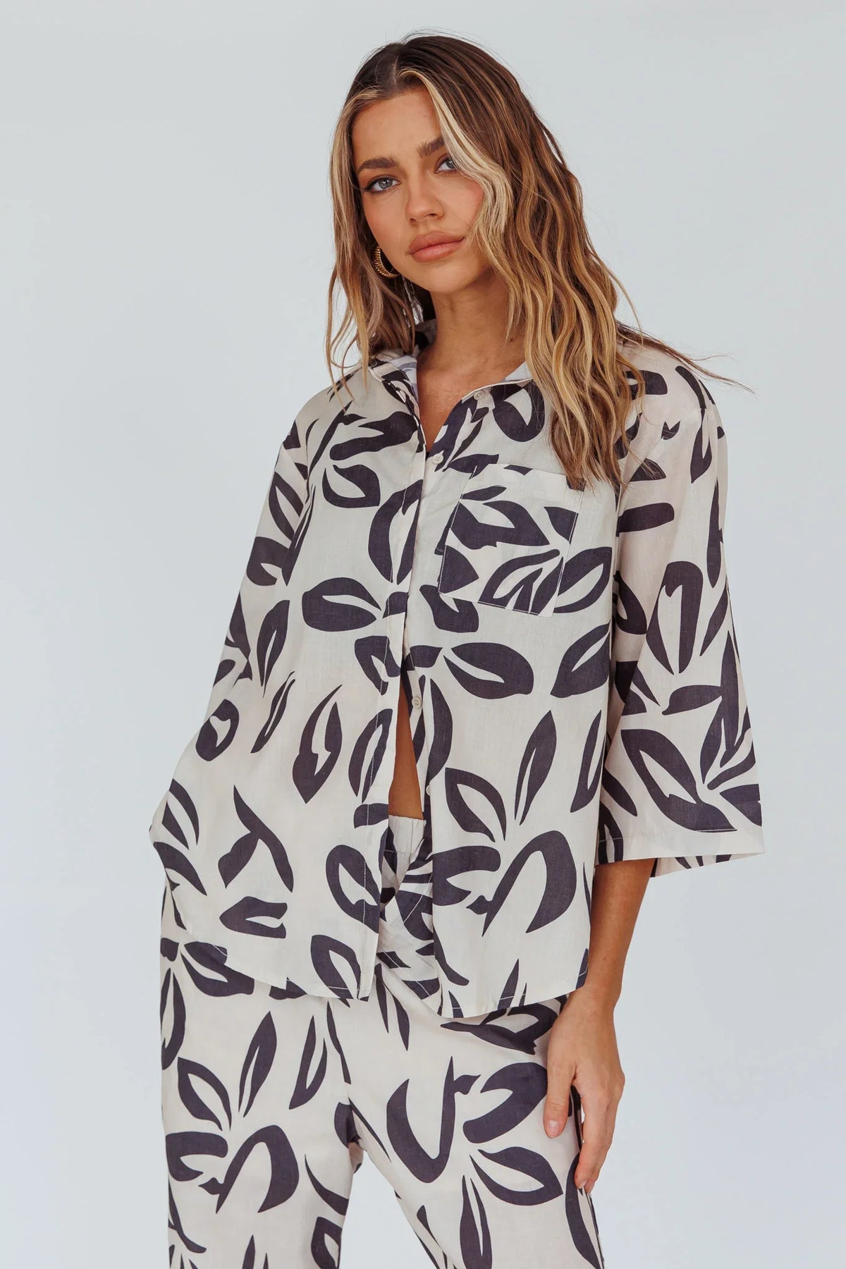 Just A Hunch Button Shirt Leaf Print Beige