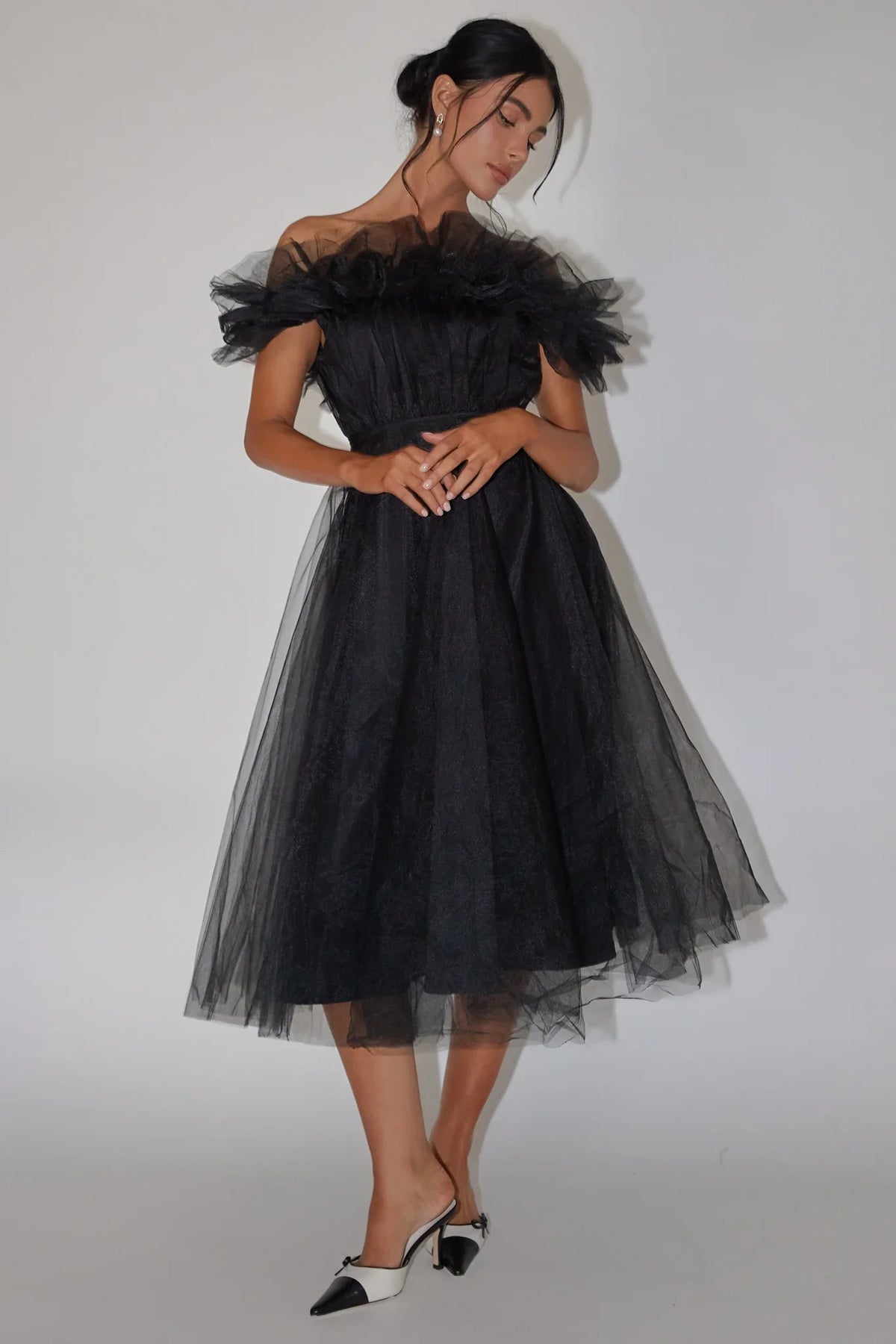 May Rose Off-Shoulder Tulle Midi Dress Black