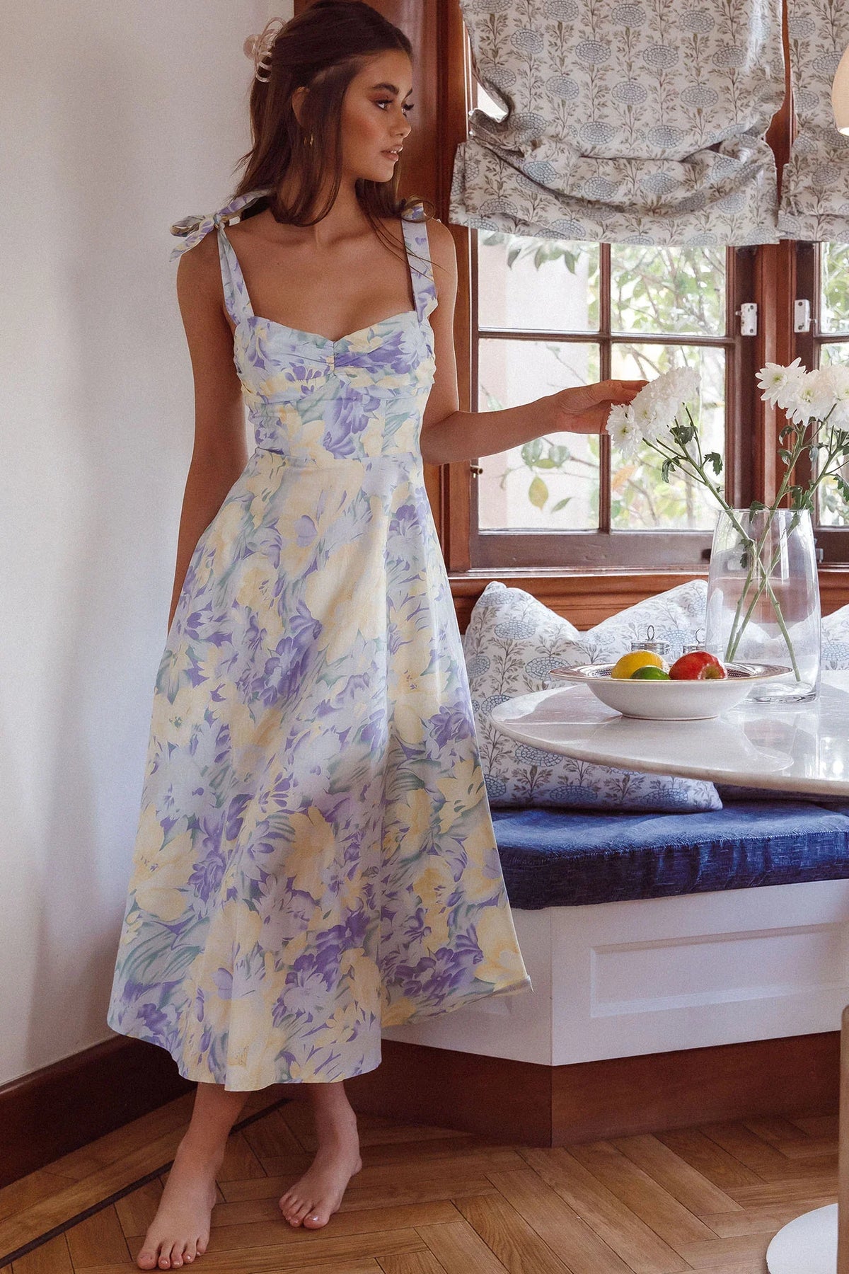 Sweet Pea Tied Shoulder Midi Dress Floral Purple