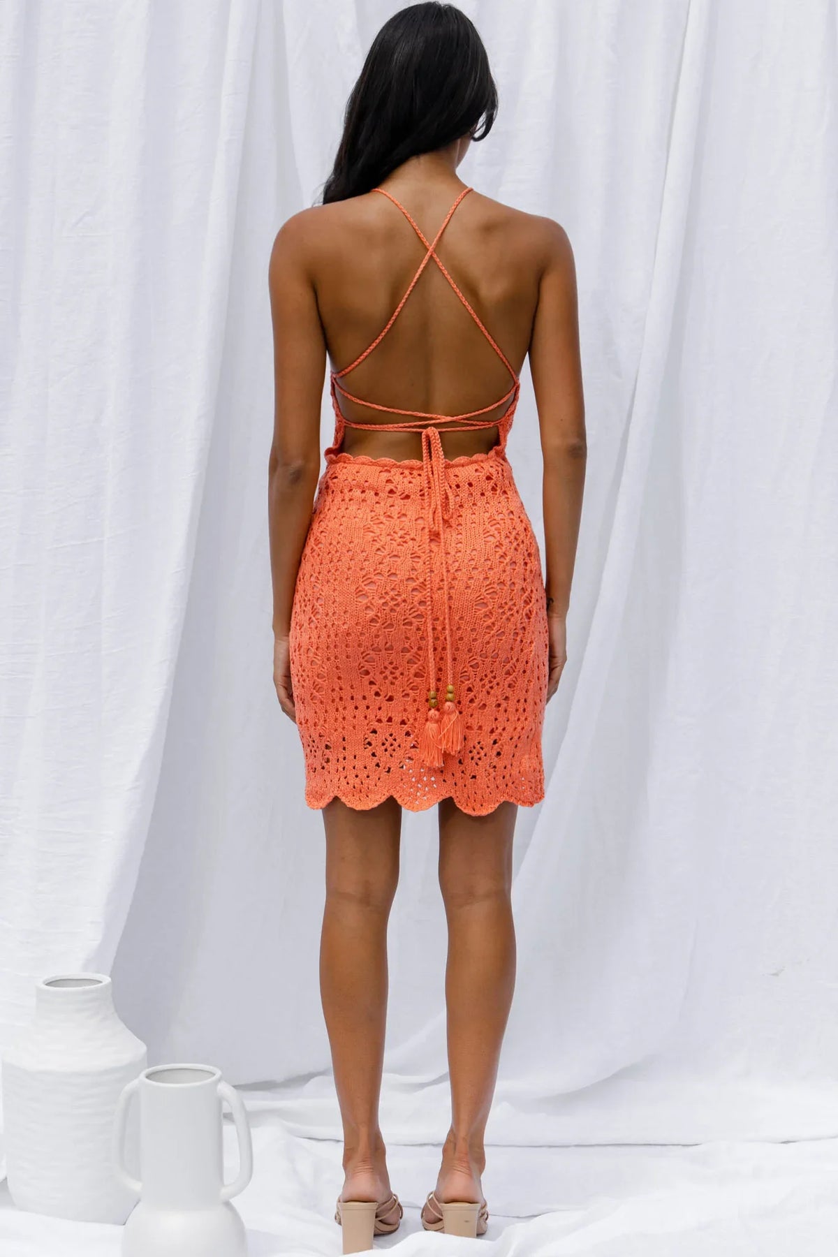 Boracay Halterneck Tie-Up Back Crochet Mini Dress Tangerine