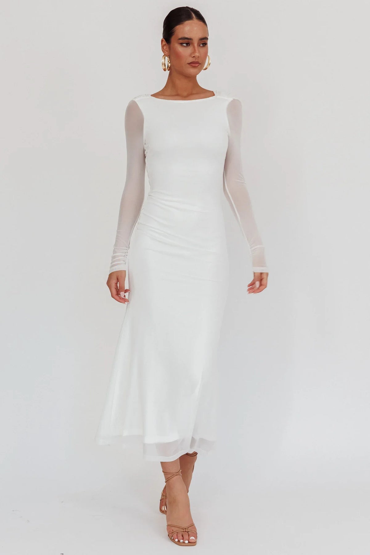Lustre Open Back Mesh Maxi Dress White