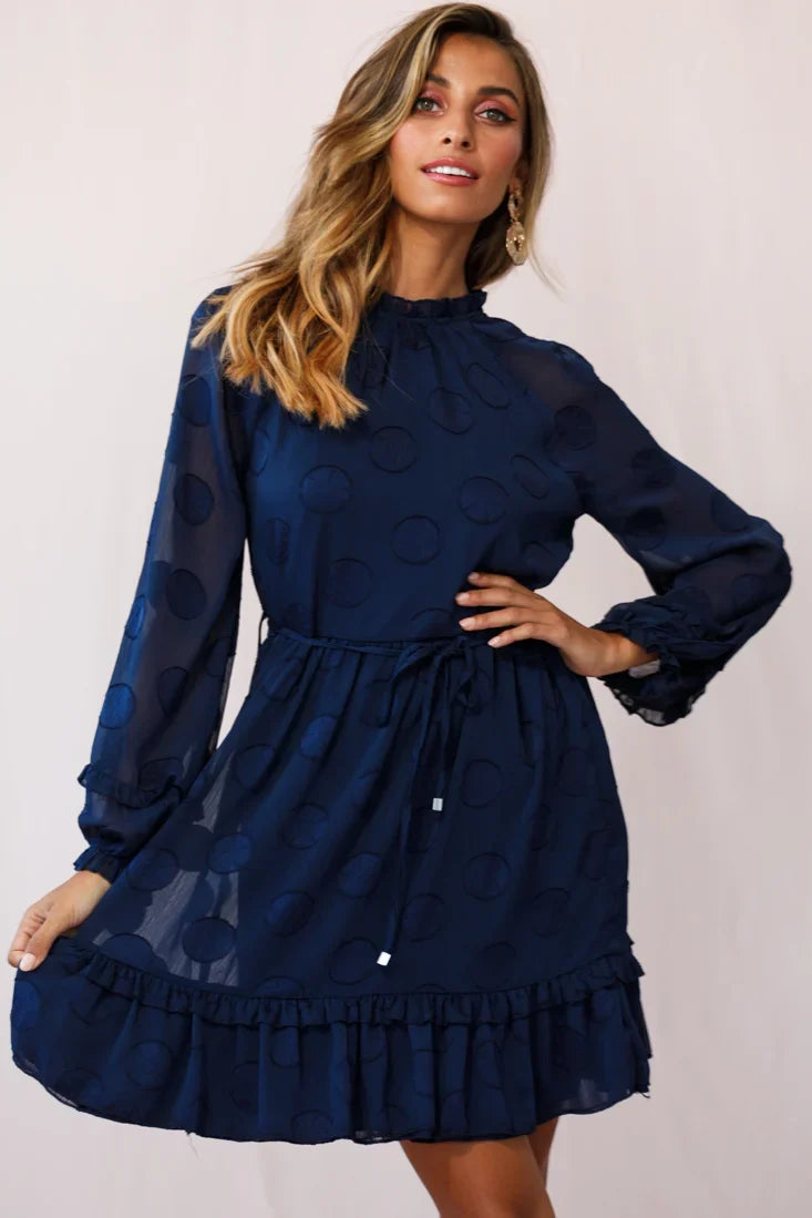 Tracee High Neckline Sheer Sleeve Polka Dot Dress Navy