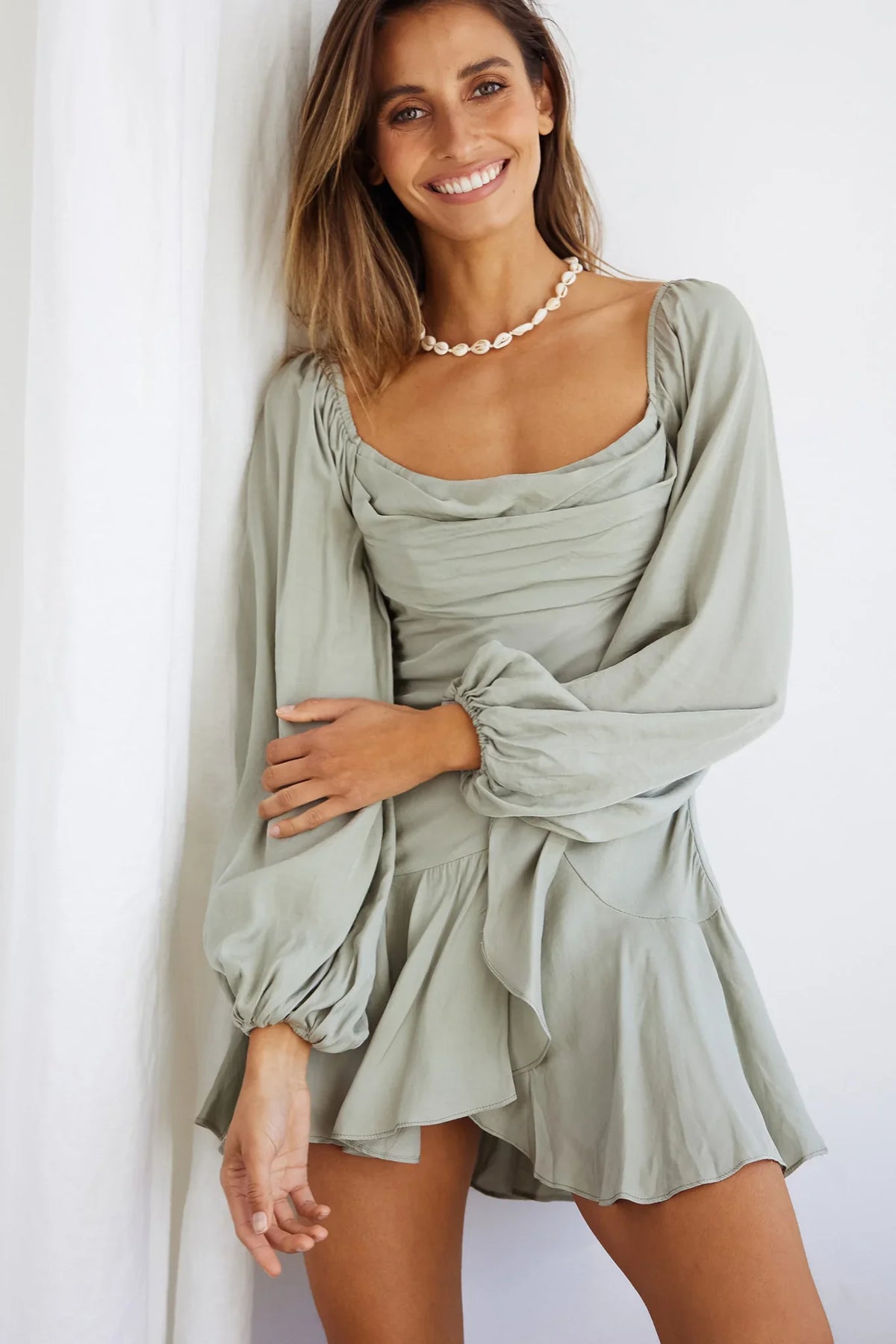 Beaujolais Long Sleeve Cowl Neckline Ruffle Satin Mini Dress Pistachio