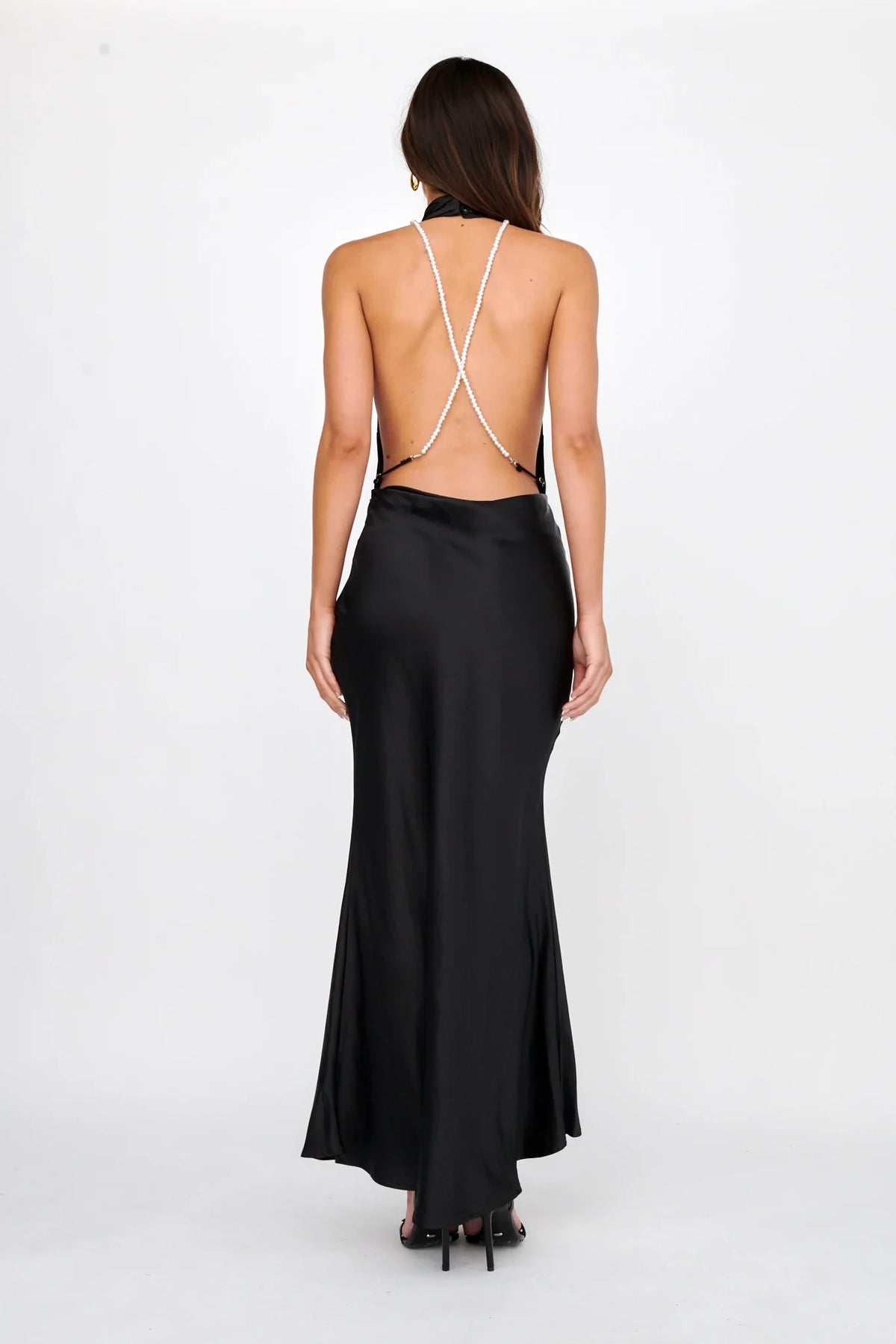 Italia Azure Halterneck Pearl Back Maxi Dress Black