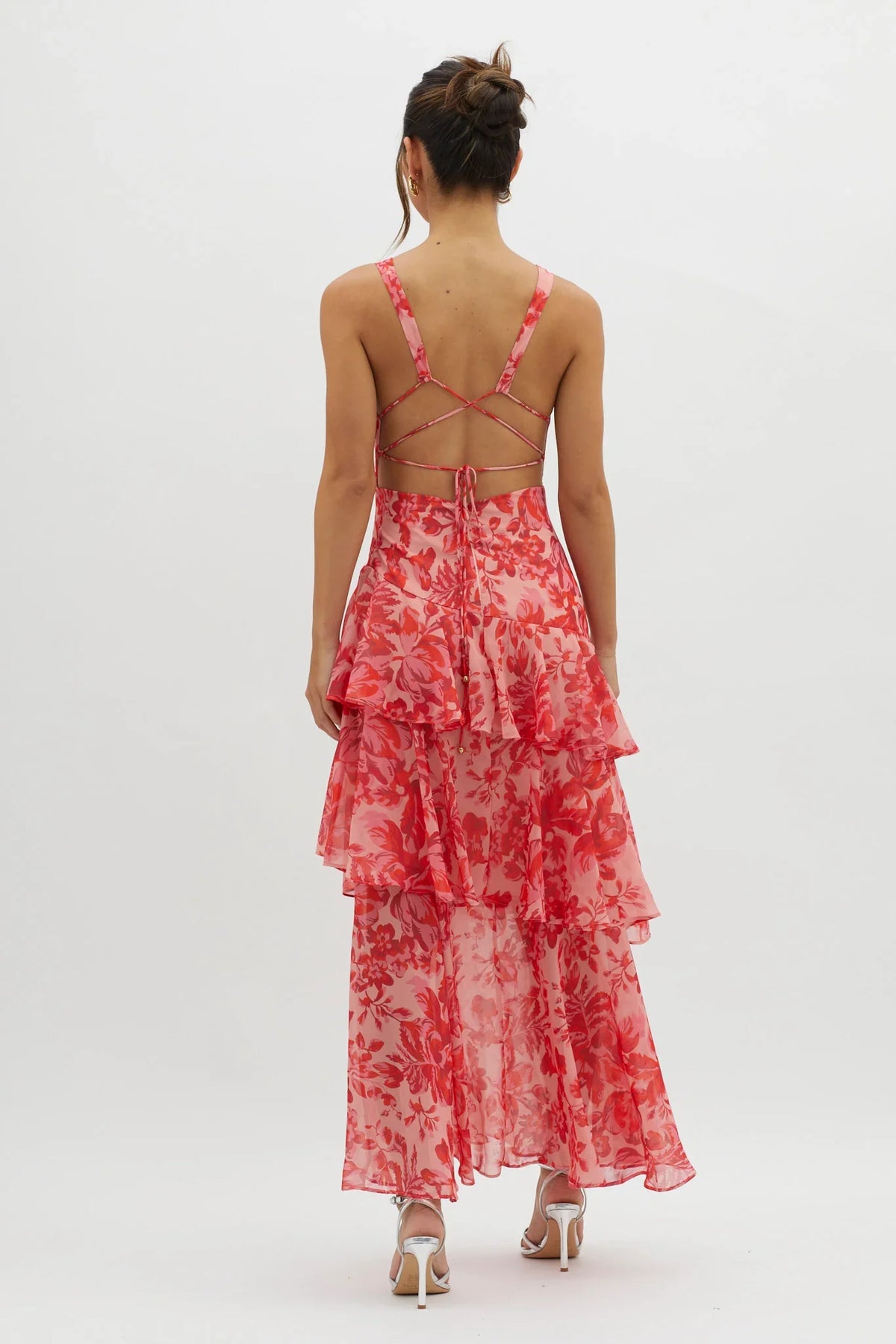 Veda Strappy Back Ruffle Midi Dress Floral Red