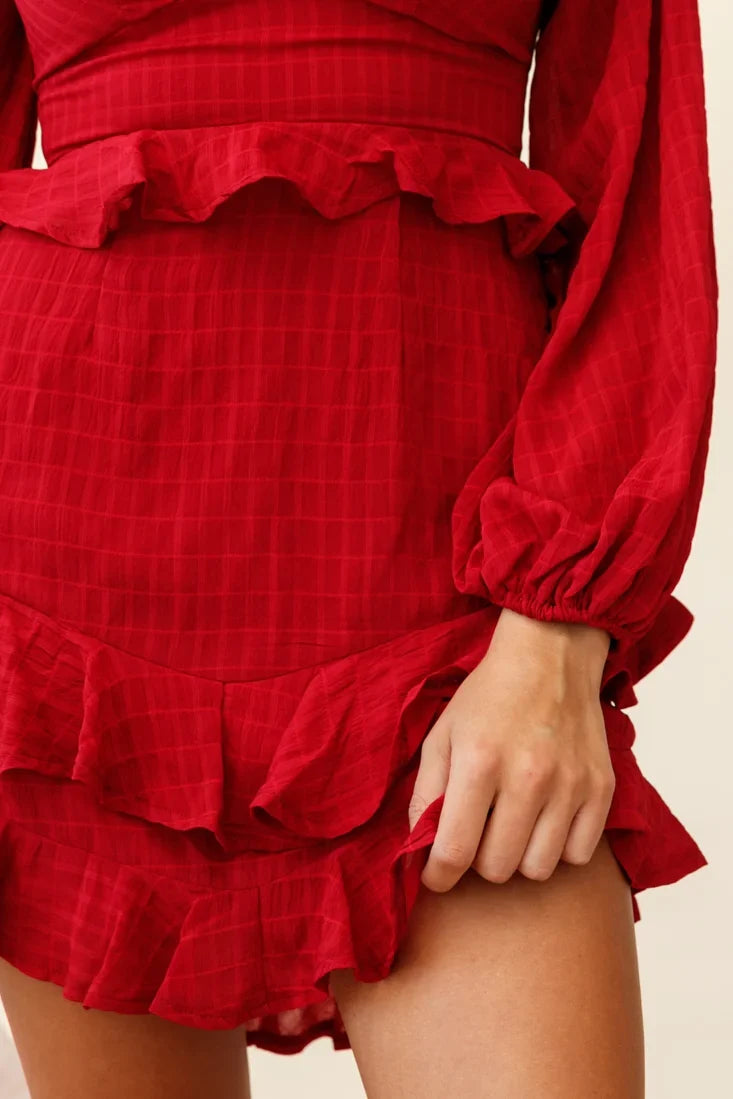 Queenie Long Balloon Sleeve Ruffle Trim Dress Wine