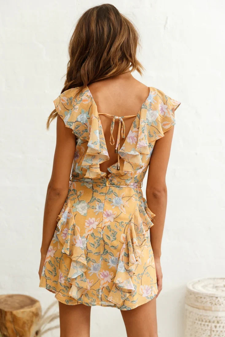Pretty Please Frill Detail Tie-Back Dress Floral Print Mustard