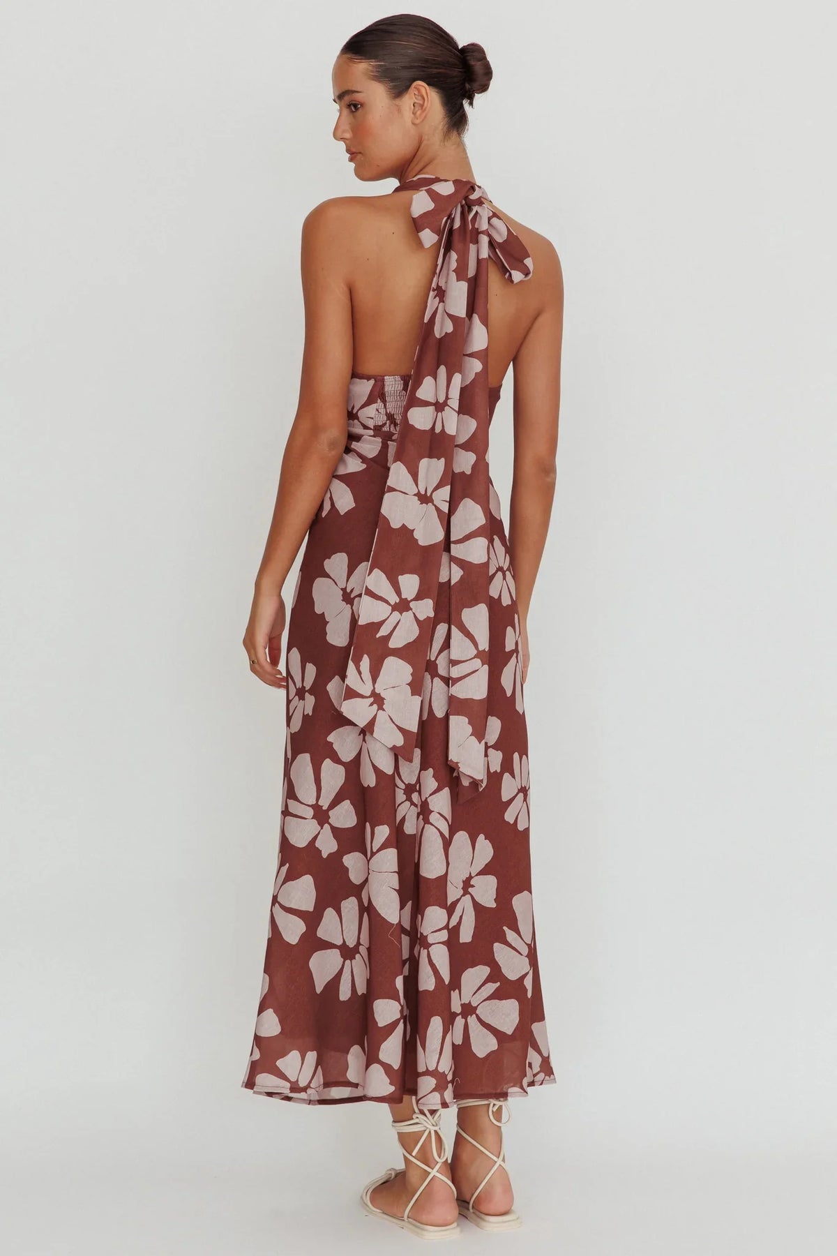 Italia Azure Halterneck Floral Maxi Dress Brown