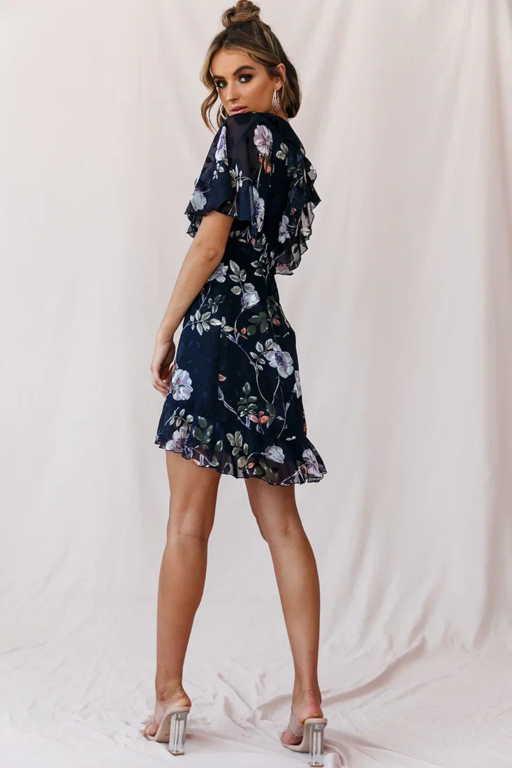 June Angel Sleeve Ruffle Detail Dress Navy