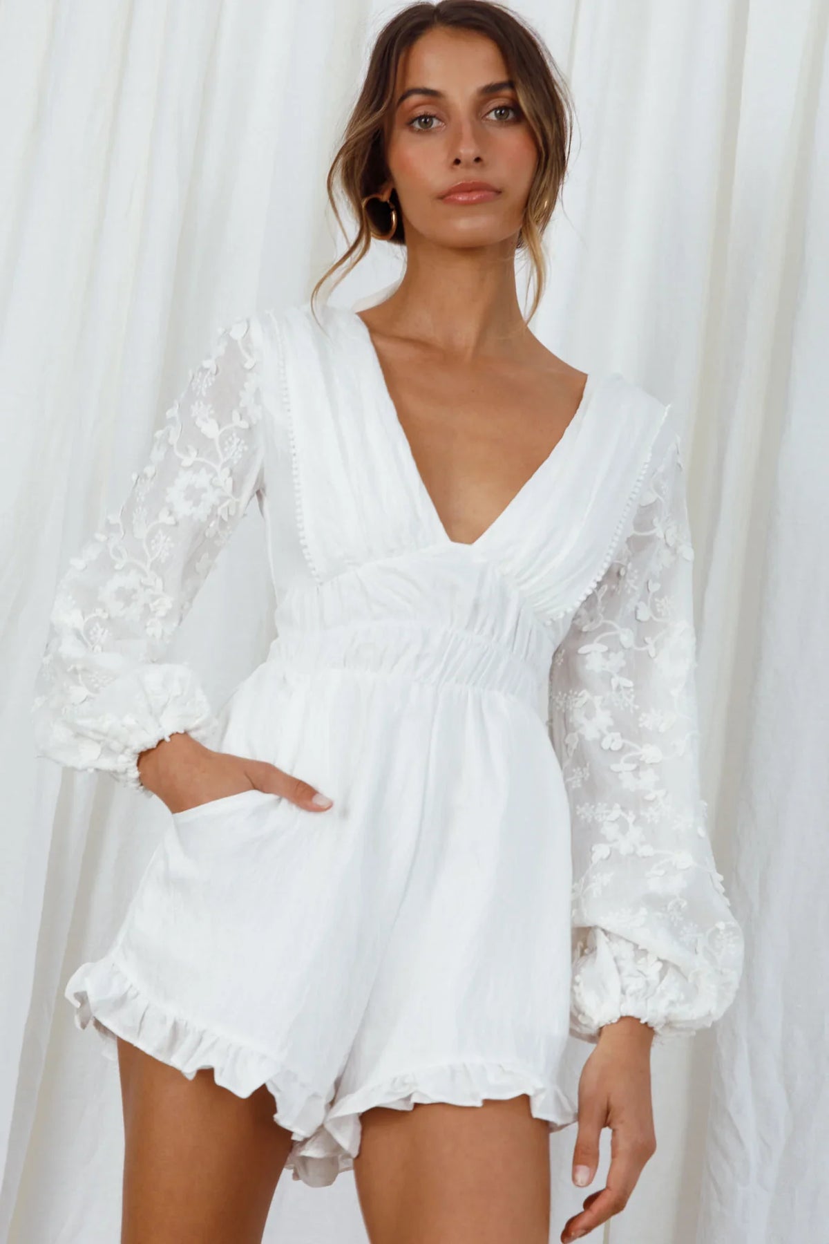 Novella Long Embellished Sleeve Frill Trim Romper White