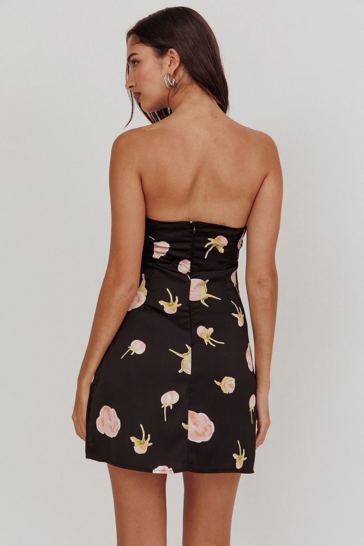 Sian Strapless Sweetheart Mini Dress Flowers Black