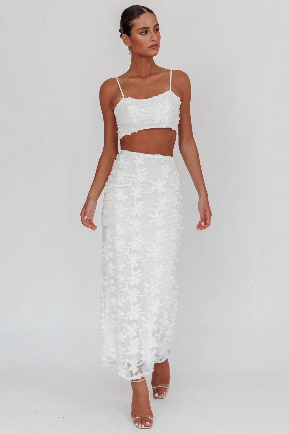 Casi Tied Back Crop Top Embroidered White