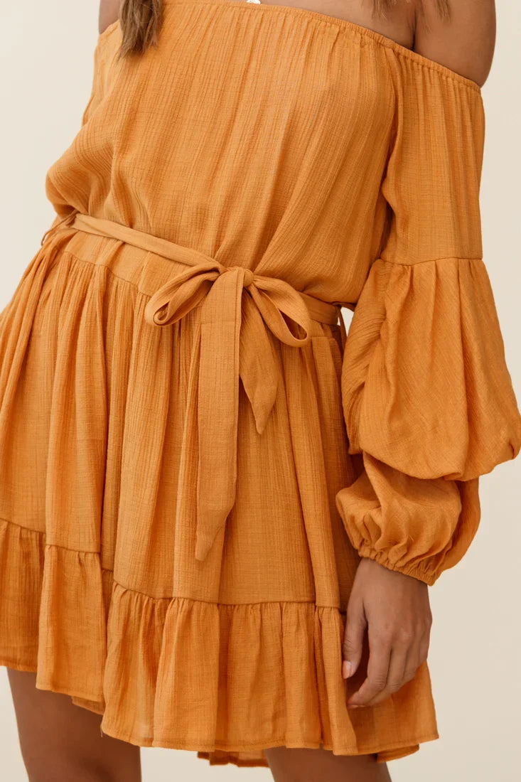 Frida Off-Shoulder Waist Tie Dress Tan