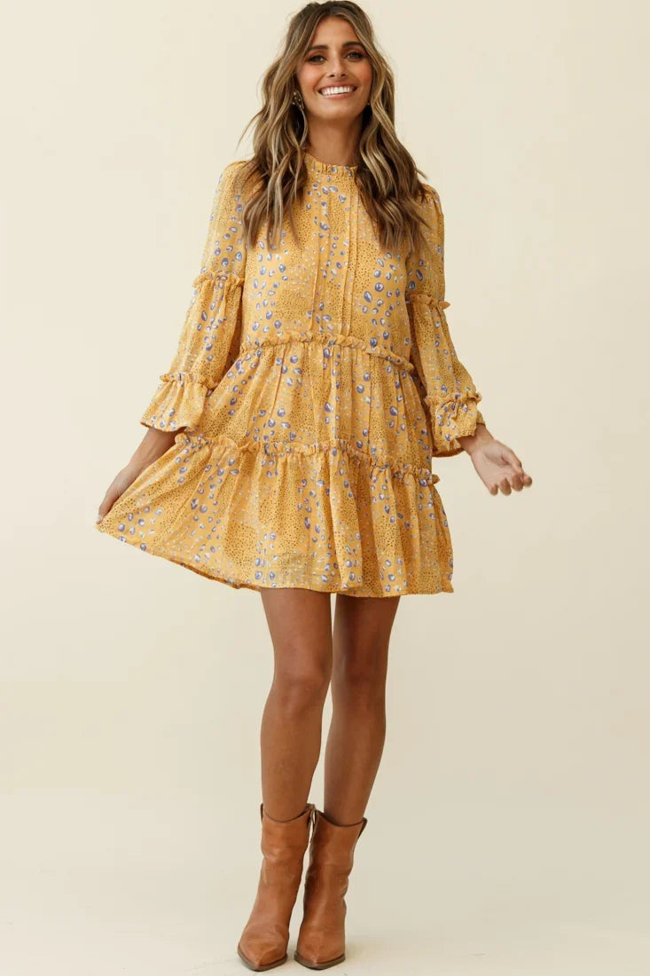 Beatrix High Neck Bell Sleeve Dress Droplet Print Yellow