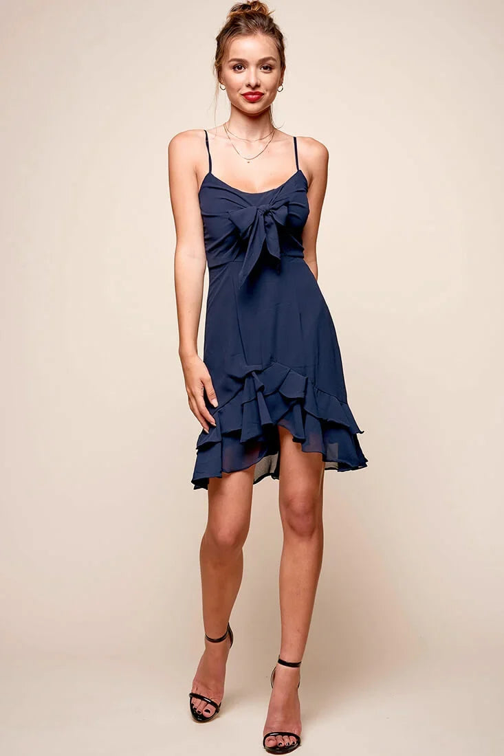 Bellisario Bow Front Ruffle Hem Dress Navy