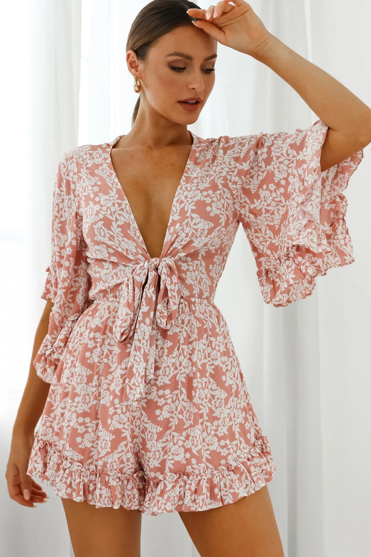 Athira Tied Bust Flared Sleeve Romper Floral Stencil Print Pink