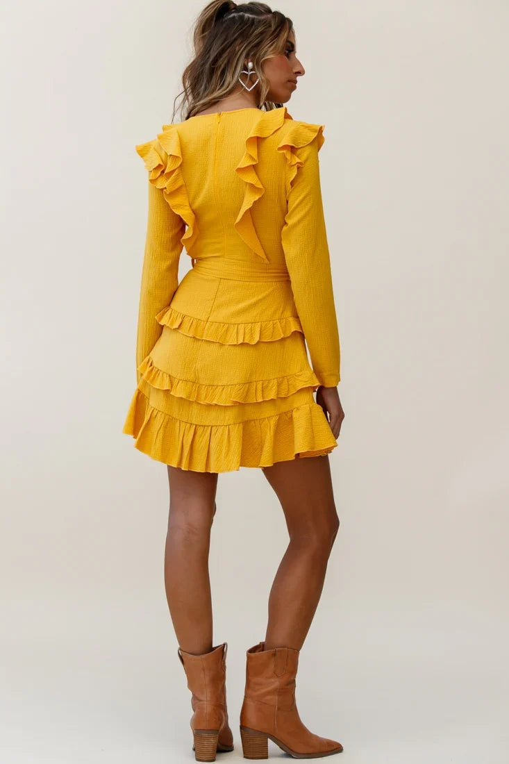 Jemirah Ruffle-Trimmed Long Sleeve Frill Dress Mustard