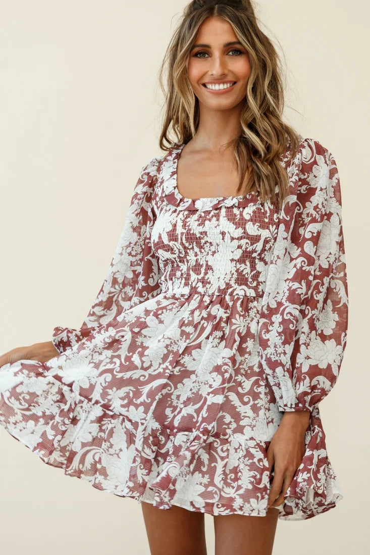 Athaliah Shirred Bust Balloon Sleeve Dress Ornate Print Maroon