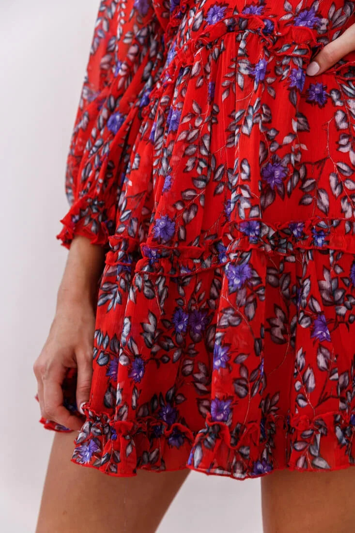 Laney Cutout Back Ruffle Trim Dress Red Floral