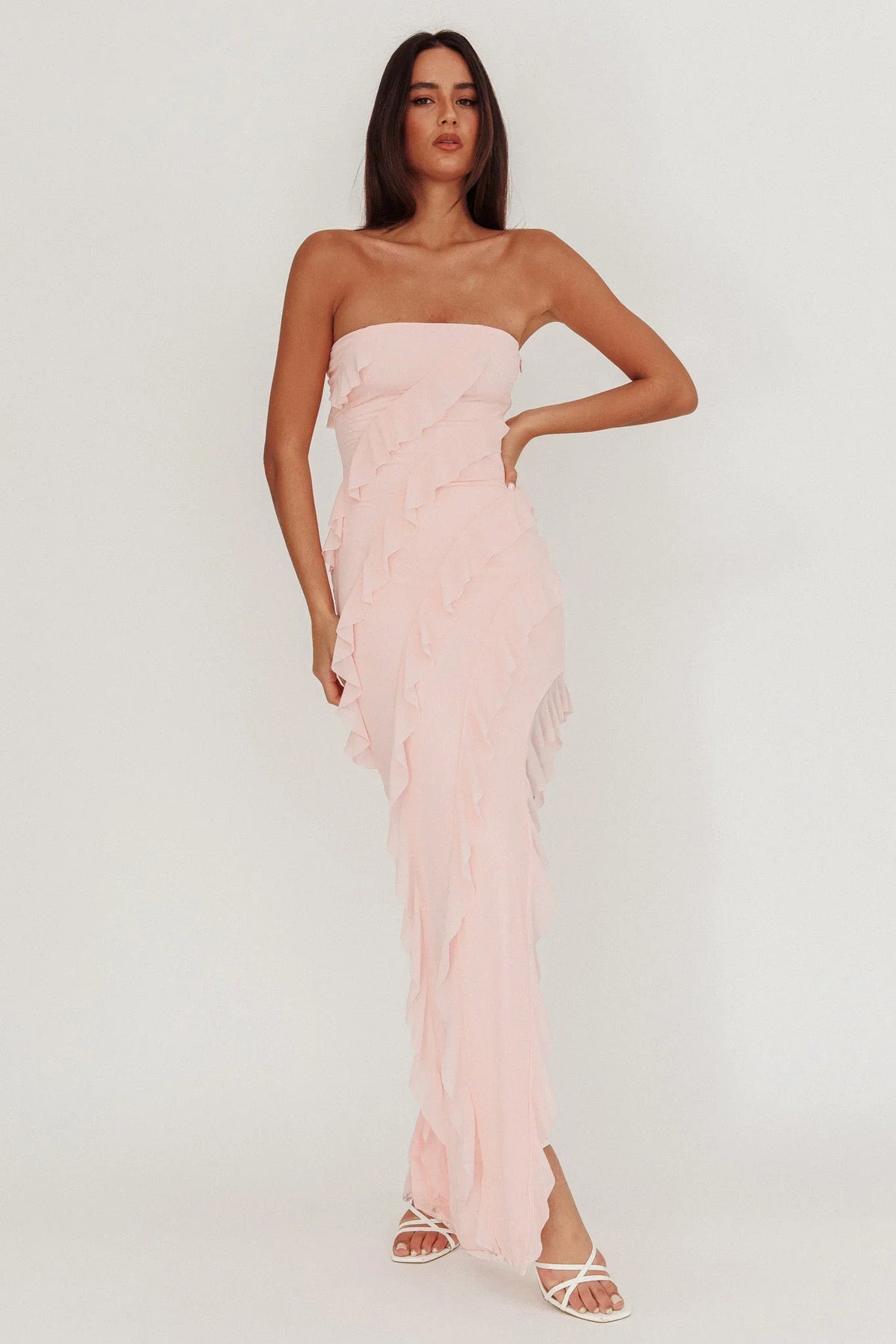 Just Friends Strapless Ruffle Maxi Dress Light Pink