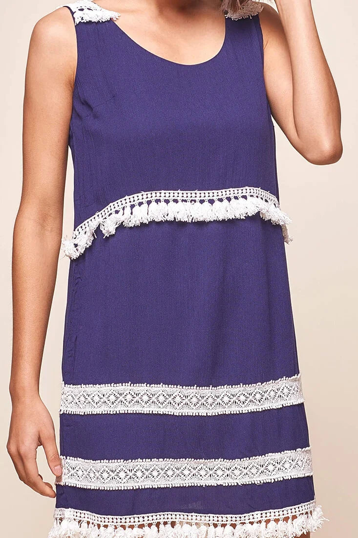 Leticia Sleeveless Frilly Trim Dress Navy