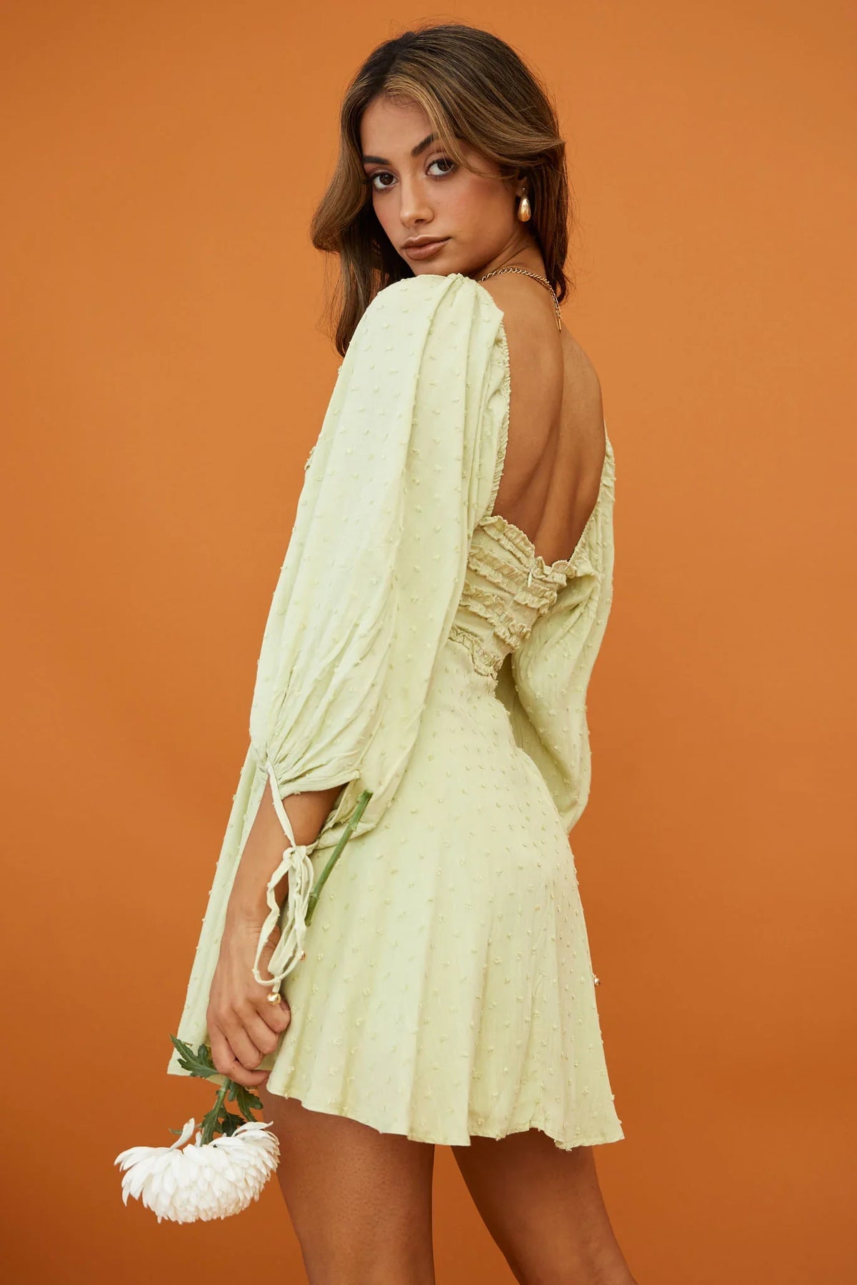 Illia Three-Quarter Balloon Sleeve Frill Bodice Dress Apple