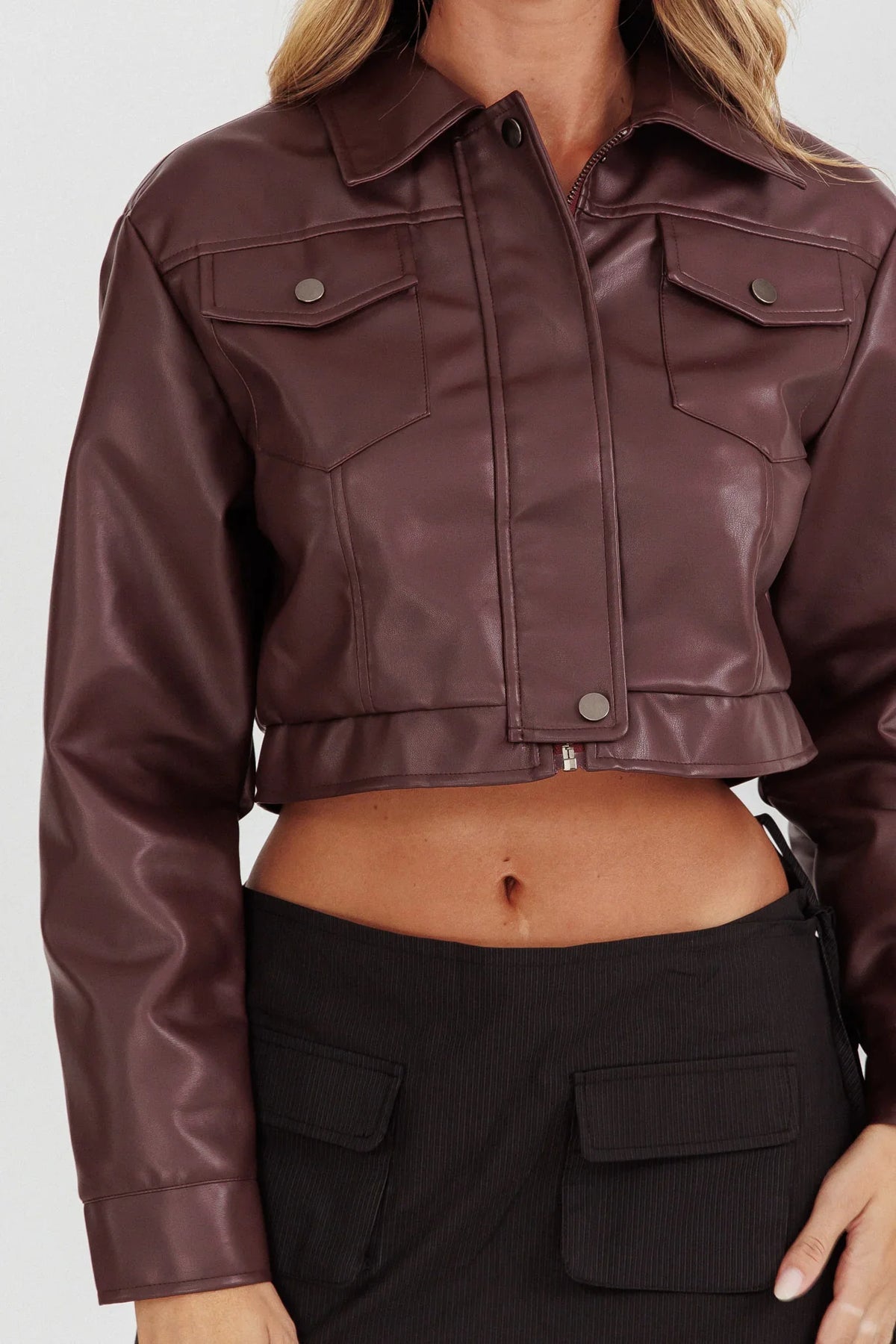 Navigator Snap Button Faux Leather Jacket Brown