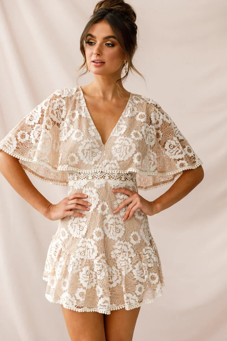 Geneva Cape Sleeve Lace Dress Nude