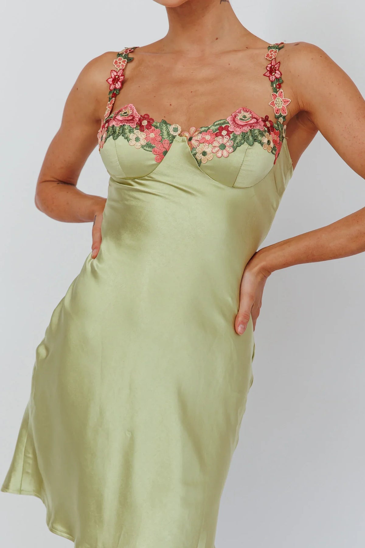 Rose Garden Floral Applique Mini Dress Lime