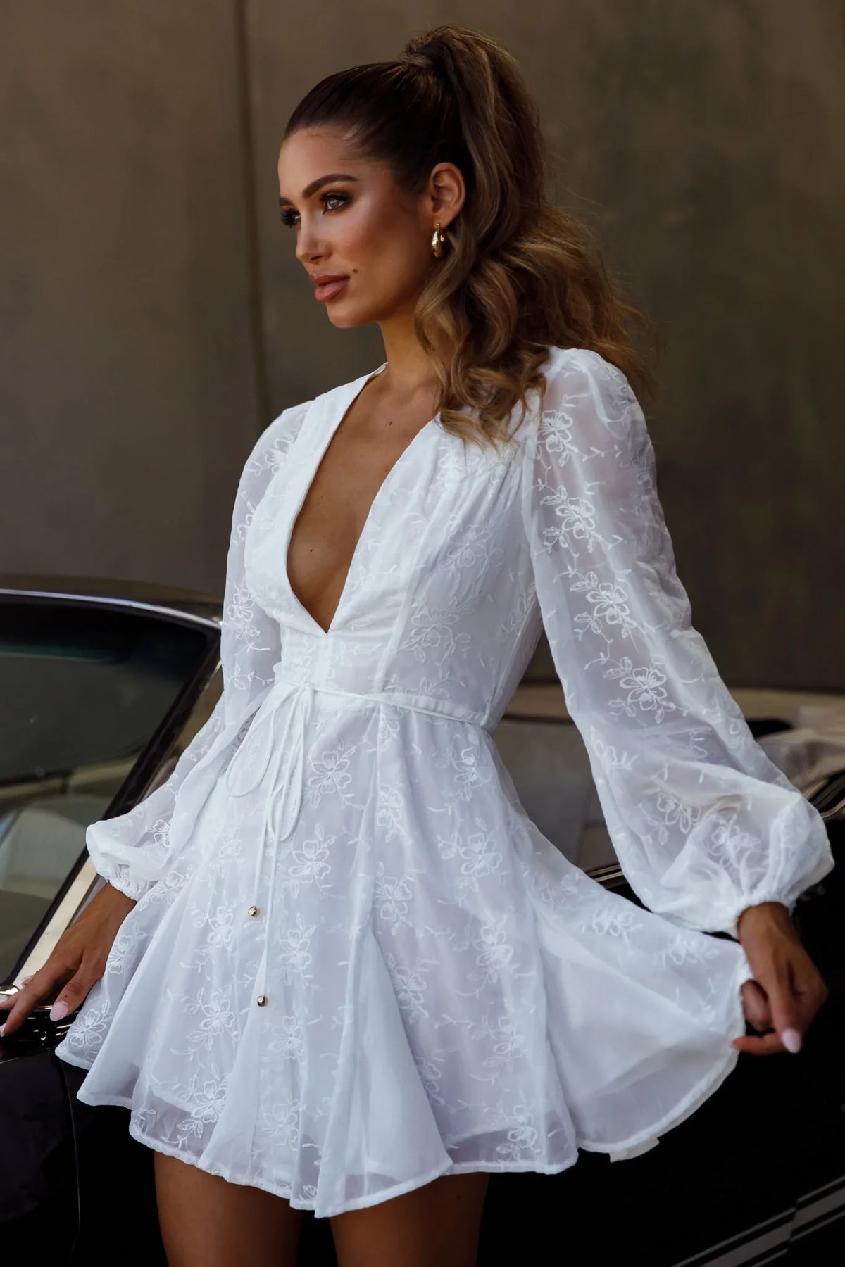 Estelle Long Sleeve V-Neckline Dress Embroidered White