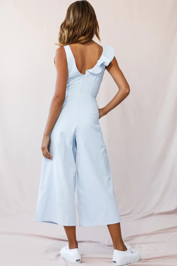 Cheryl Ruffle Strap Wide Leg Jumpsuit Steel Blue