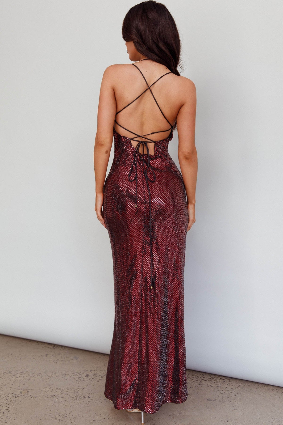 State Of Mind Lace-Up Back Sequin Dress Red