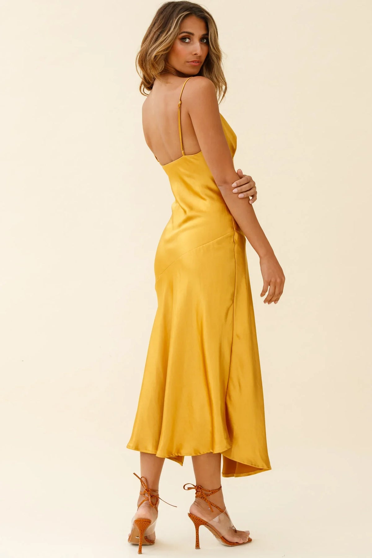 Downtown Cami Strap Front Split Midi Dress Mustard