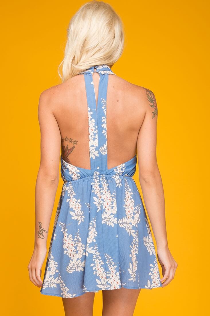 Anya cutout Halter Top Dress Blue & Beige