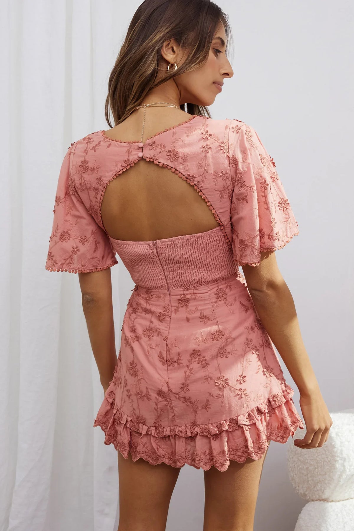 Joanie Angel Sleeve Floral Embroidery Mini Dress Rose